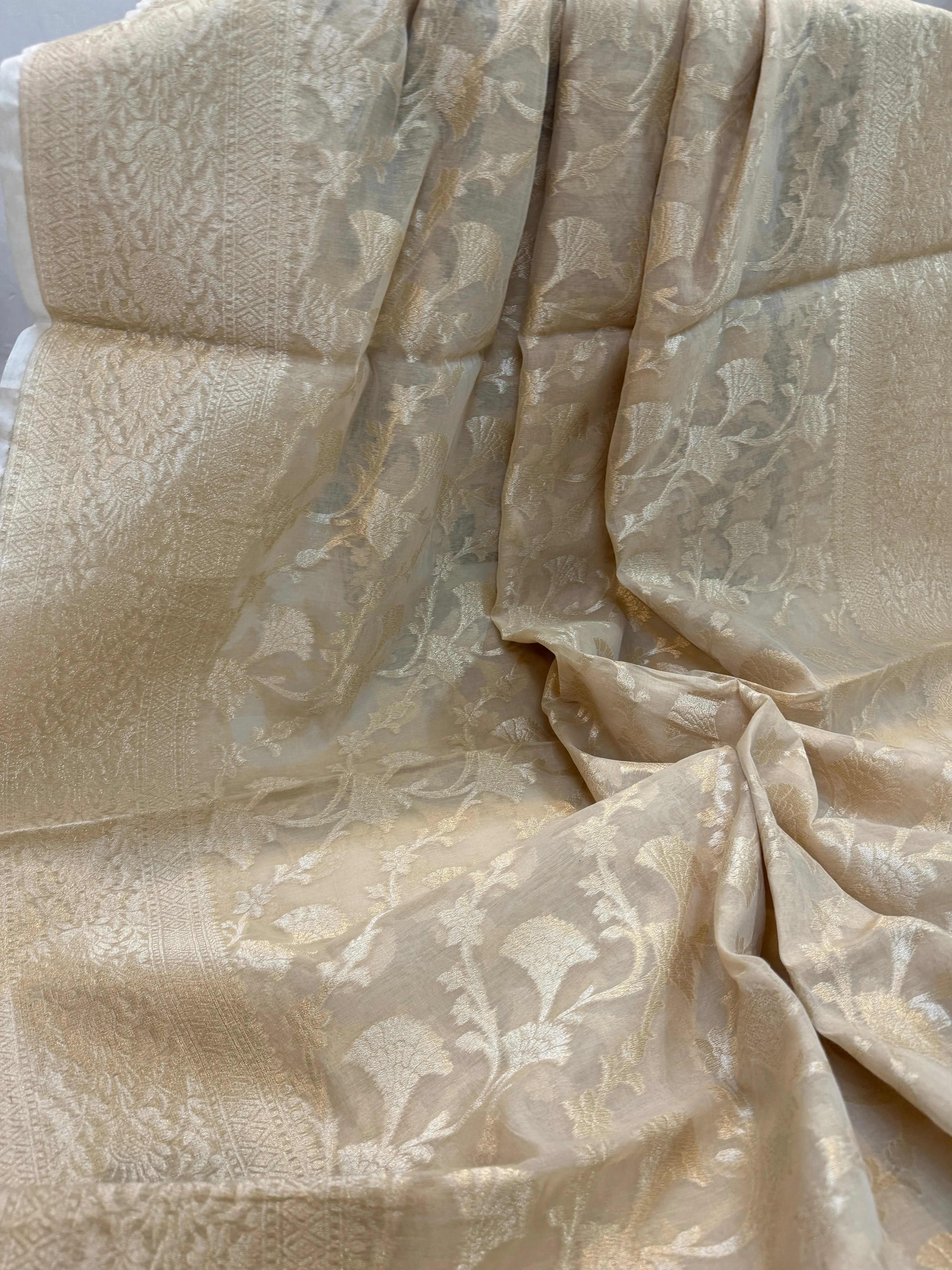 Beige Pure Cotton Banarasi Saree with Handwoven Jaal Work