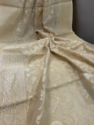 Beige Pure Cotton Banarasi Saree with Handwoven Jaal Work