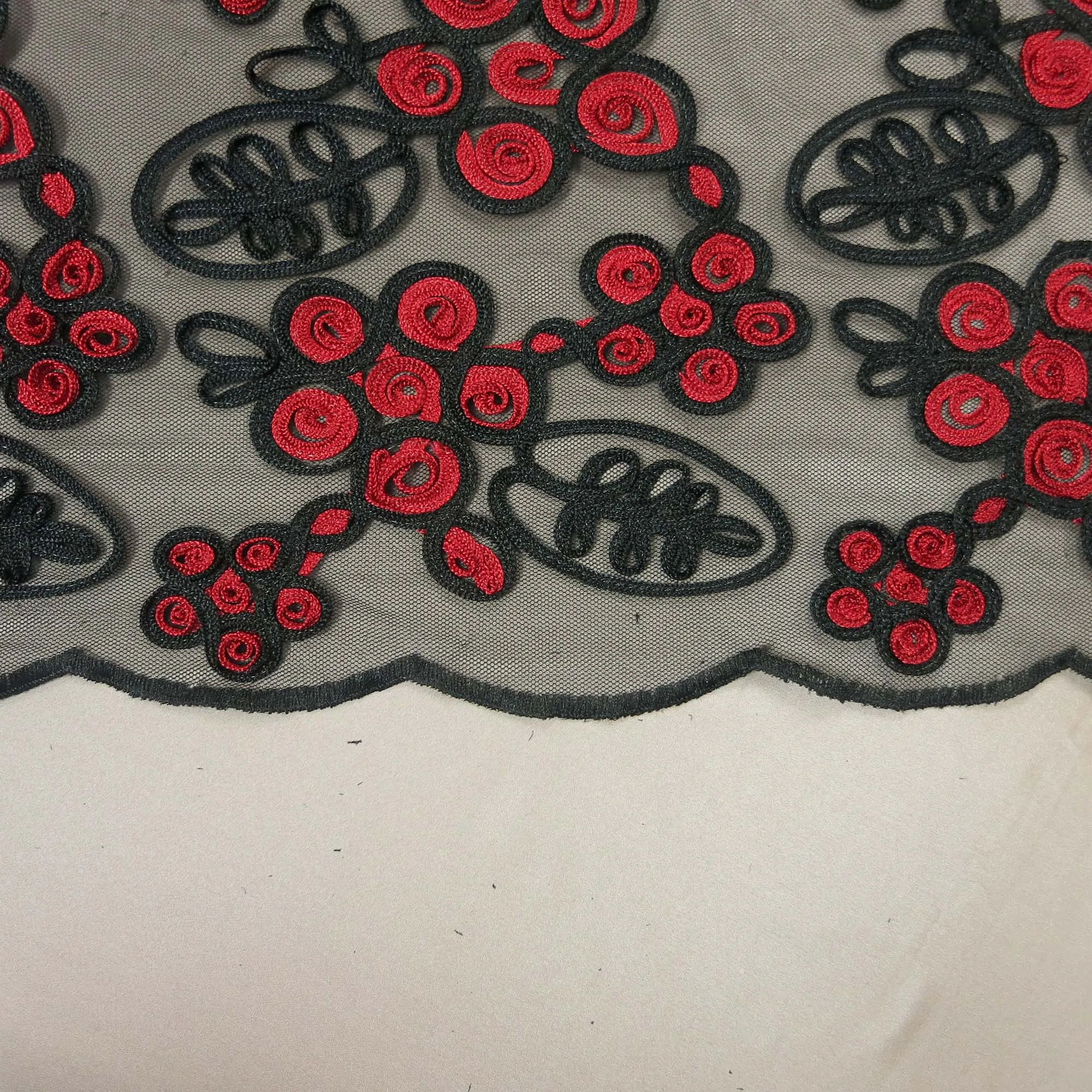 Black and Red Floral Embroidered Tulle Fabric
