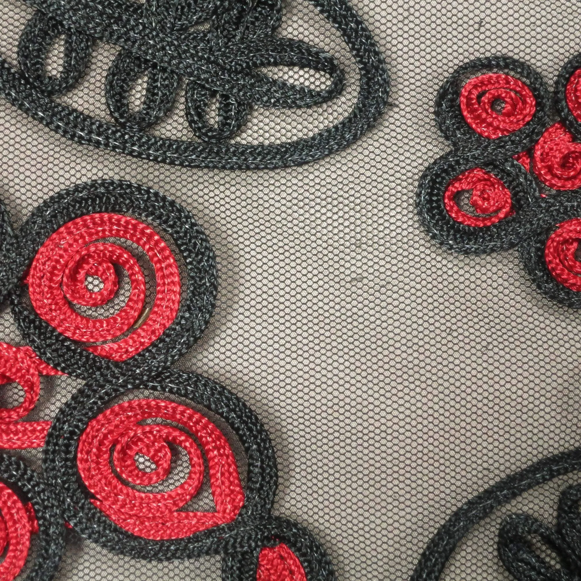 Black and Red Floral Embroidered Tulle Fabric
