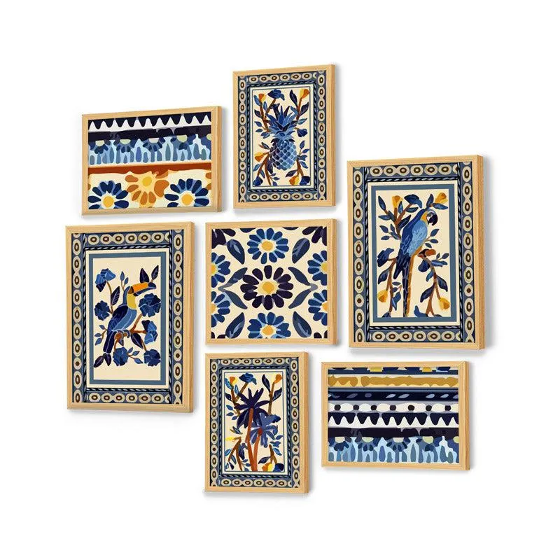 Blue Indian Floral Charm Wall Art - Set of Seven