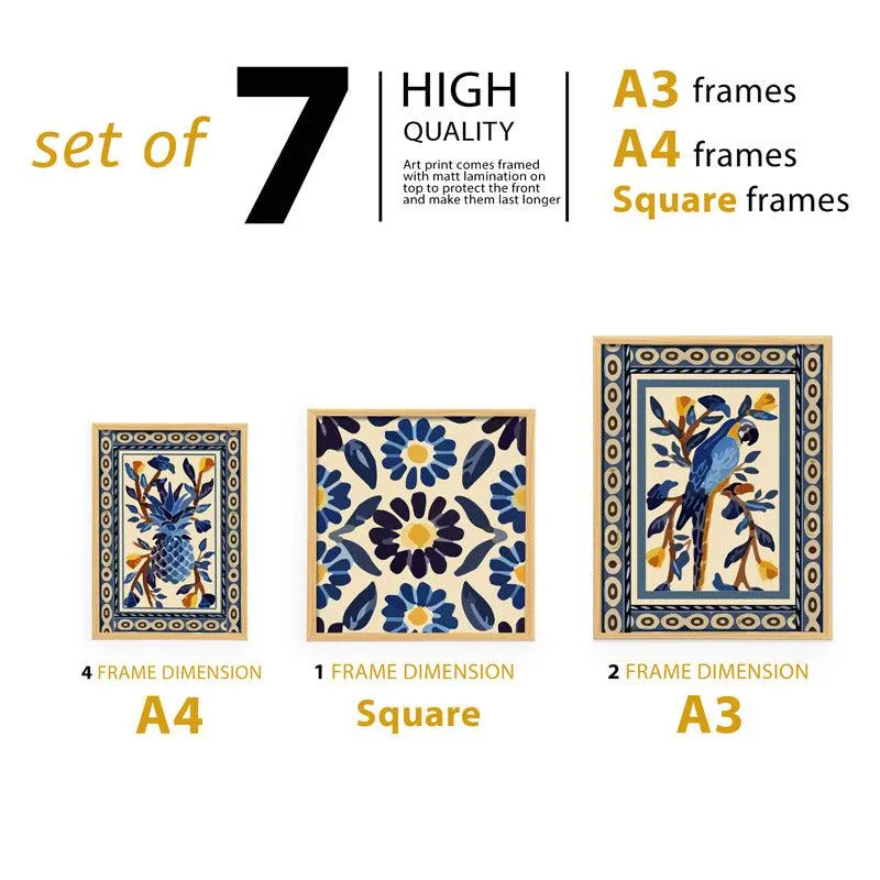 Blue Indian Floral Charm Wall Art - Set of Seven