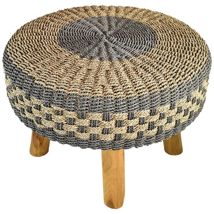 Chic Grey & Natural Raffia Stool – Versatile Style for Any Space