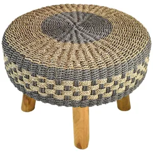 Chic Grey & Natural Raffia Stool – Versatile Style for Any Space