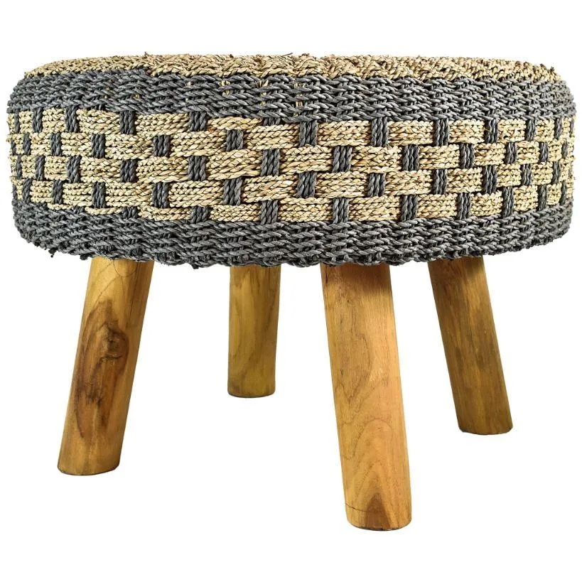 Chic Grey & Natural Raffia Stool – Versatile Style for Any Space