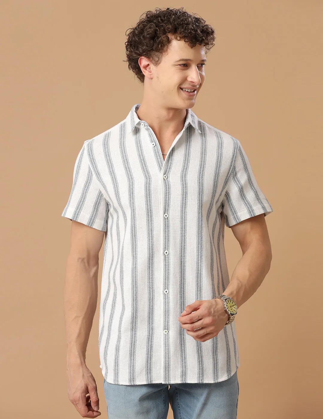 Comfort fit Cotton Stripe Aqua wide Casual Half sleeve Shirt (EDI)