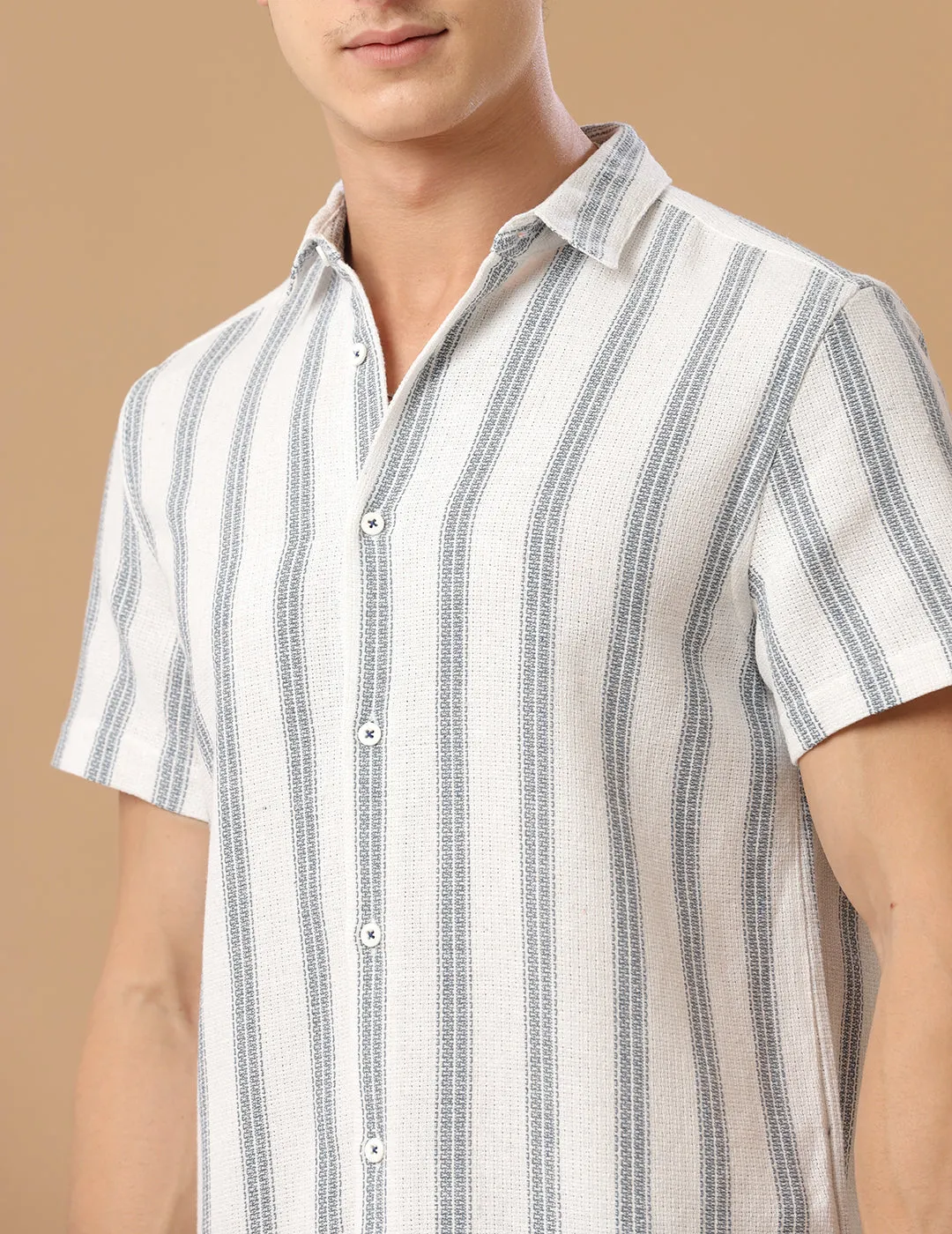 Comfort fit Cotton Stripe Aqua wide Casual Half sleeve Shirt (EDI)