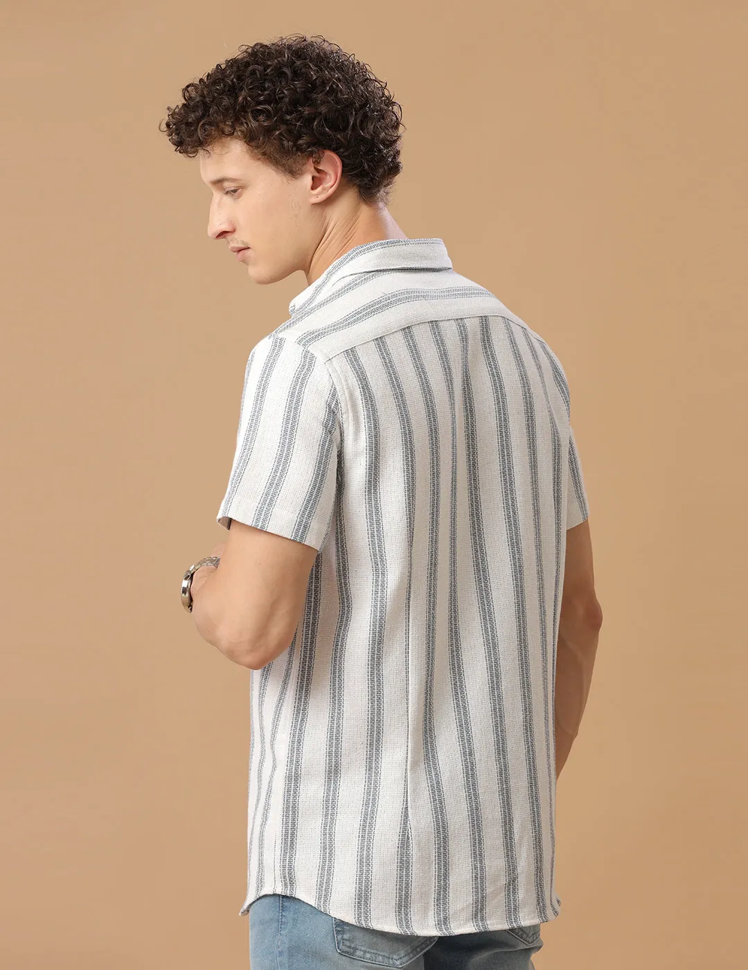 Comfort fit Cotton Stripe Aqua wide Casual Half sleeve Shirt (EDI)