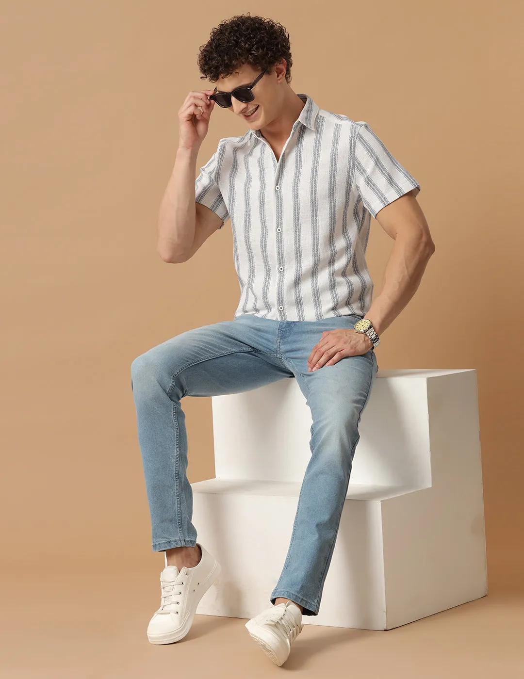 Comfort fit Cotton Stripe Aqua wide Casual Half sleeve Shirt (EDI)