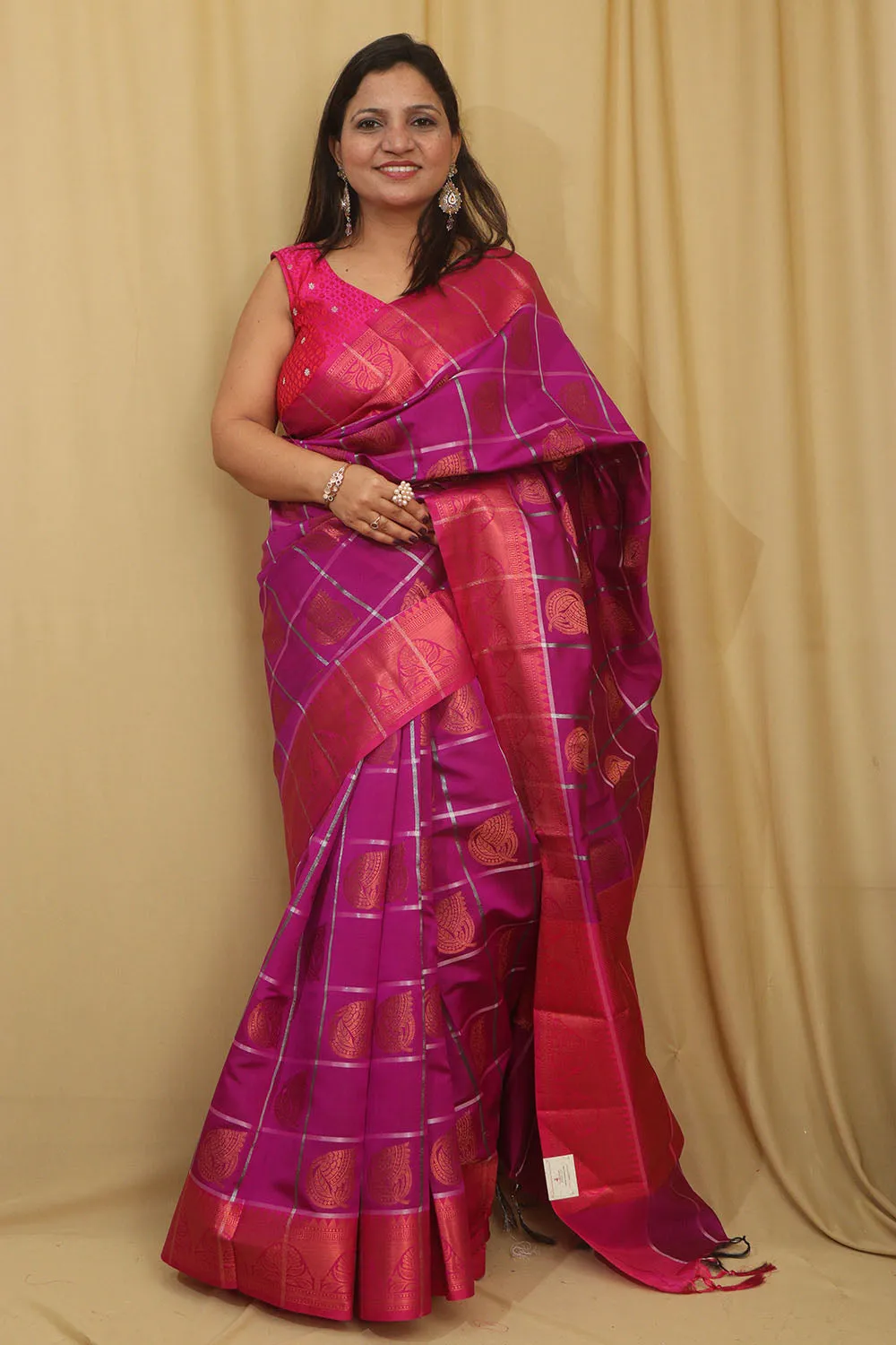 Elegant Purple Silk Checks Saree: Kanjeevaram Beauty