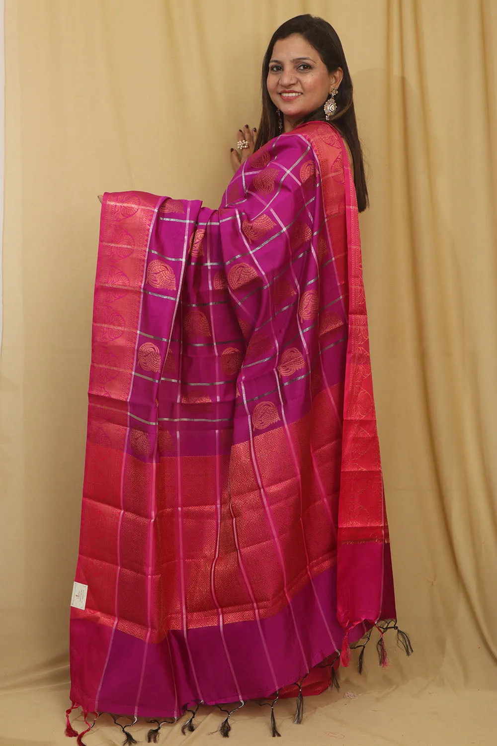 Elegant Purple Silk Checks Saree: Kanjeevaram Beauty