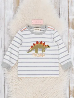 Grey Stripes Embroidered Dinosaurs Shirt