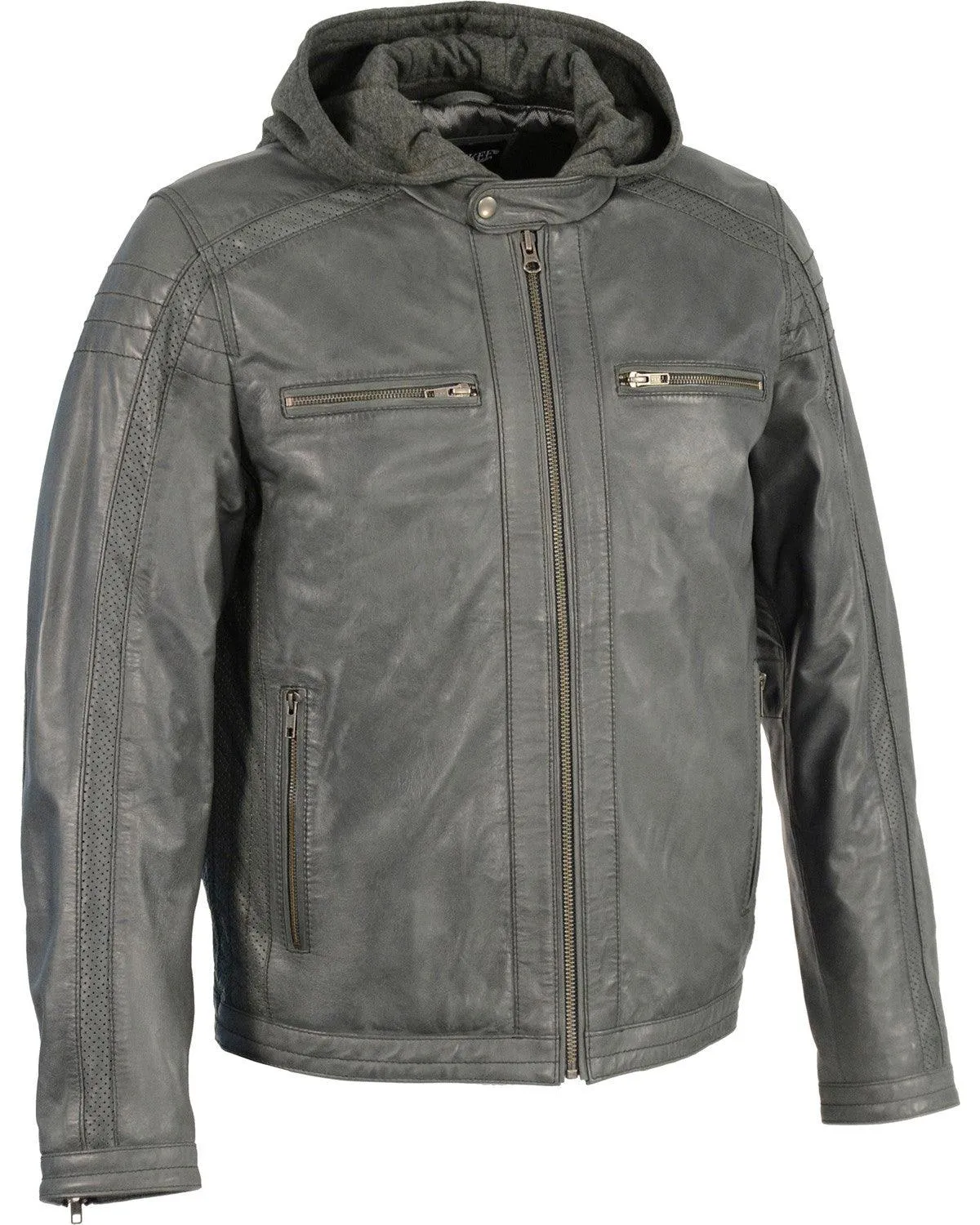 Grey Zipper Front Leather Jacket w/ Removable Hood For Men