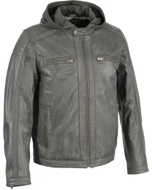 Grey Zipper Front Leather Jacket w/ Removable Hood For Men