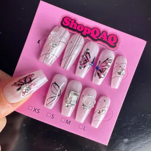Handcrafted Hand-Painted Half-Butterfly Press-On Nails - New Mid-Length Custom Nail Art