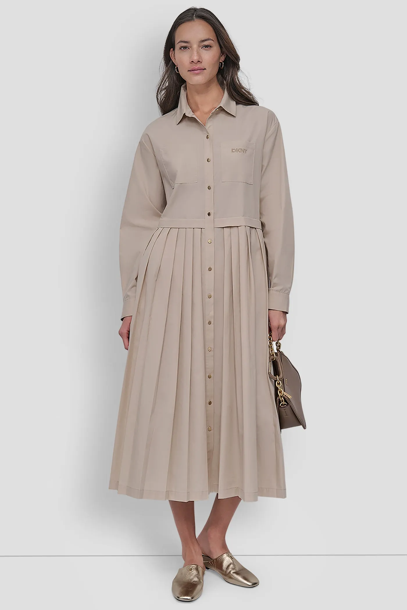 LONG SLEEVE BUTTON DOWN DRESS WITH PLEATS