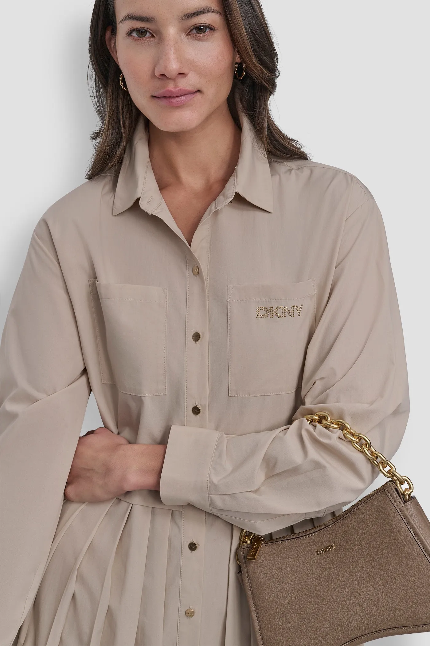 LONG SLEEVE BUTTON DOWN DRESS WITH PLEATS