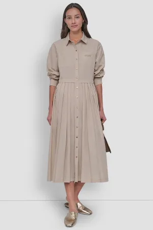 LONG SLEEVE BUTTON DOWN DRESS WITH PLEATS