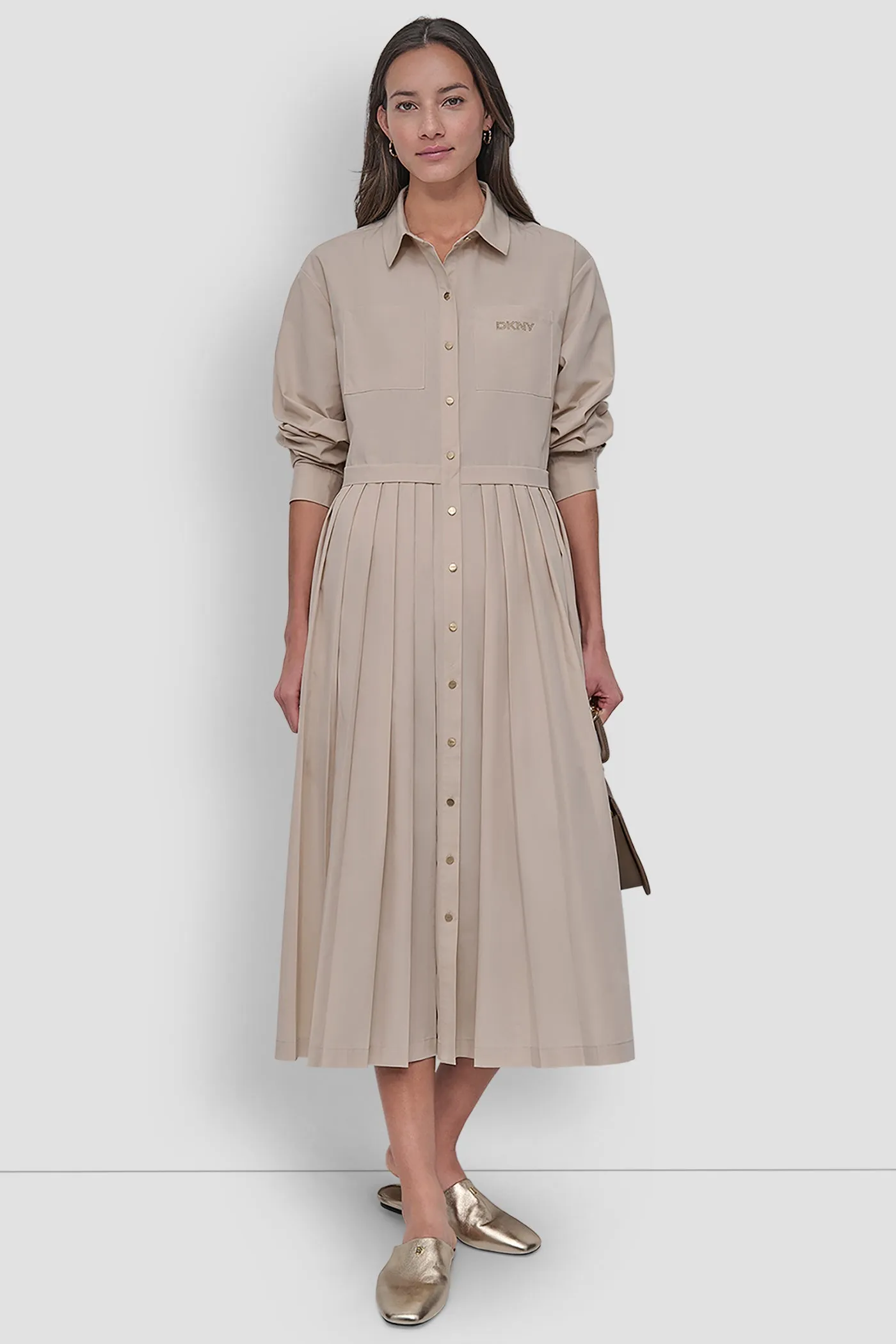 LONG SLEEVE BUTTON DOWN DRESS WITH PLEATS