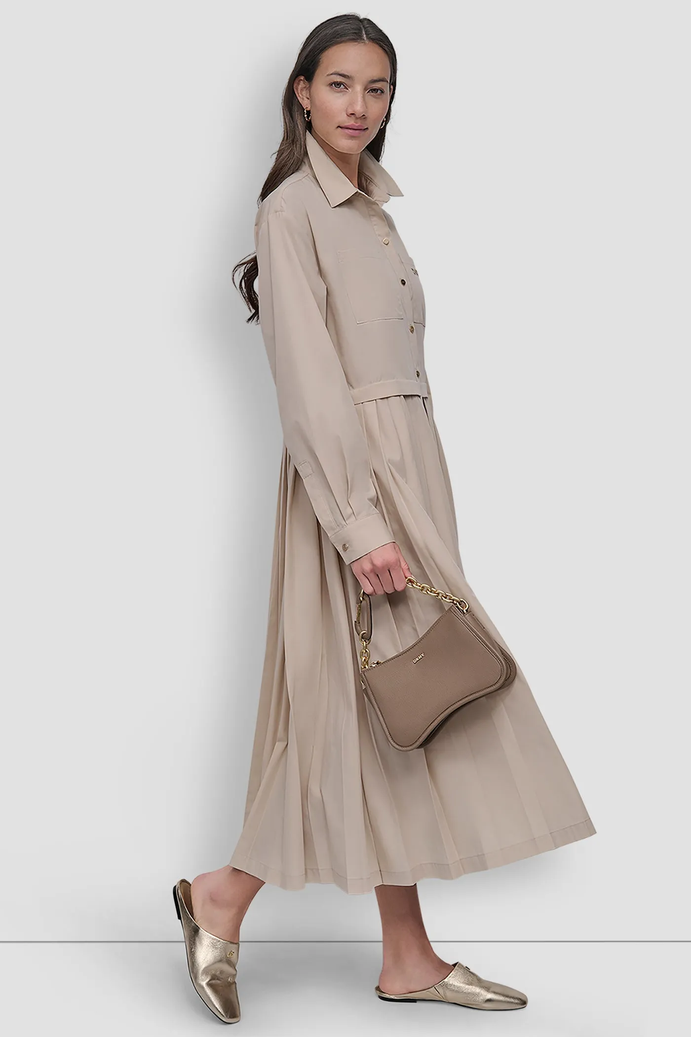 LONG SLEEVE BUTTON DOWN DRESS WITH PLEATS