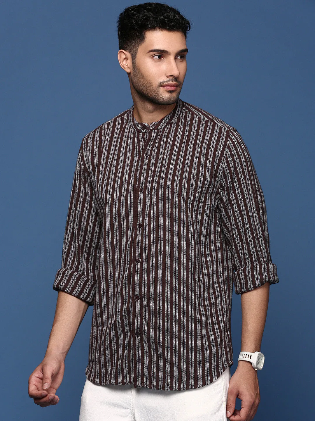 Men Mandarin Collar Striped Brown Slim Fit Shirt