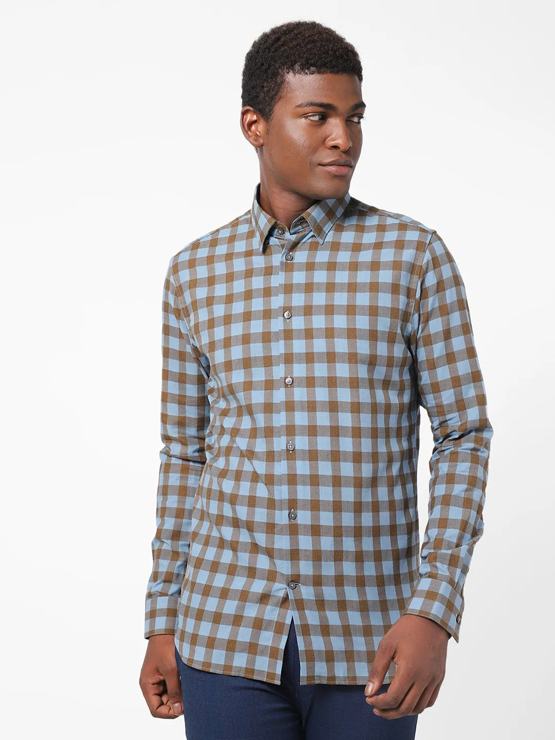 Men's Brown And Sky Blue Checkered Shirt