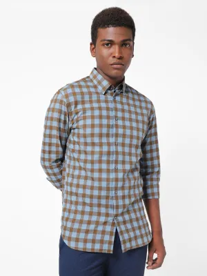 Men's Brown And Sky Blue Checkered Shirt