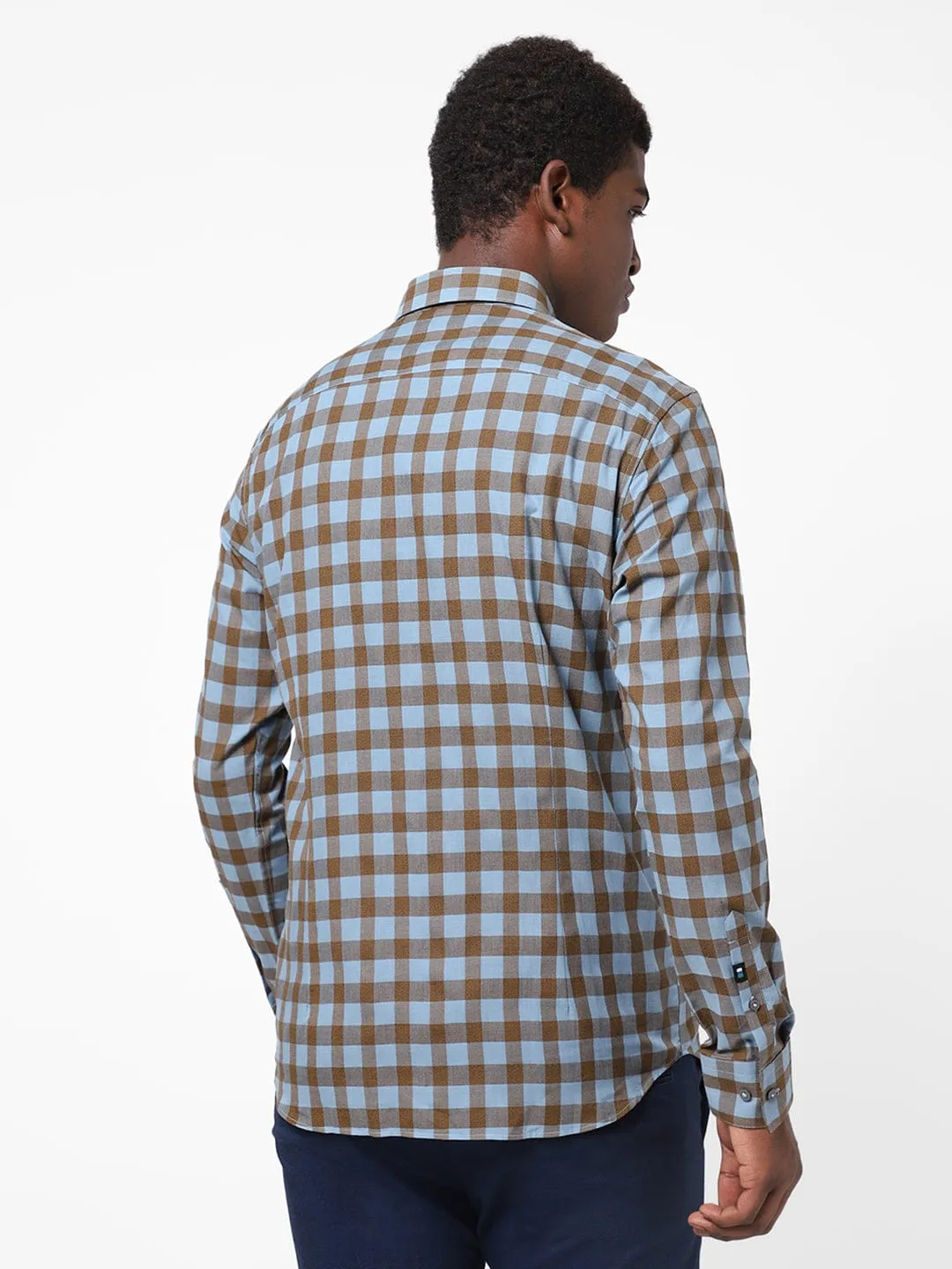 Men's Brown And Sky Blue Checkered Shirt