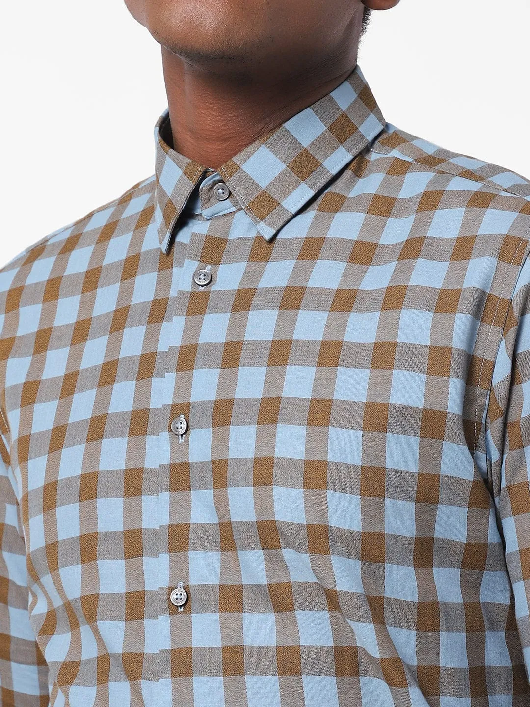Men's Brown And Sky Blue Checkered Shirt