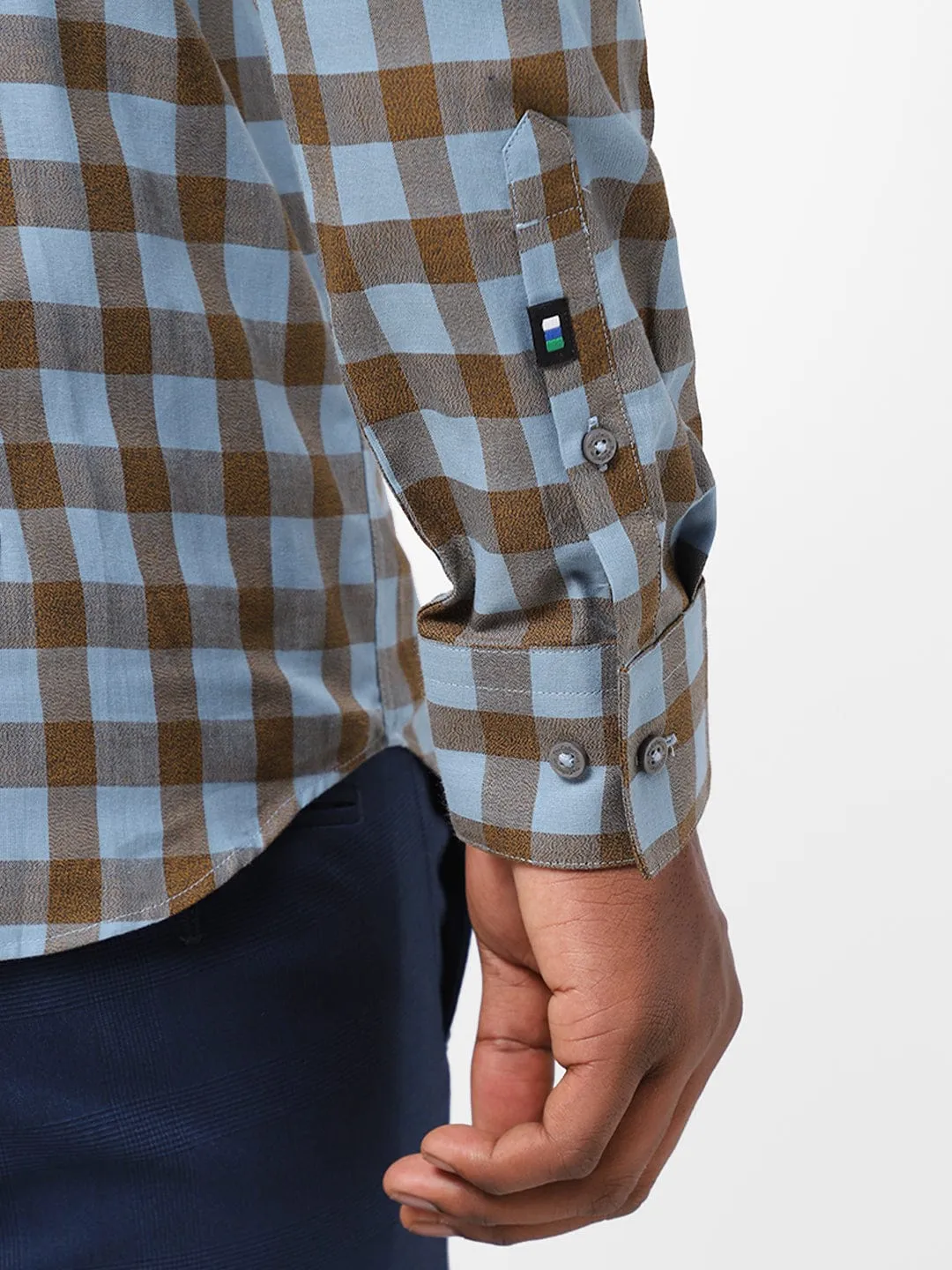 Men's Brown And Sky Blue Checkered Shirt