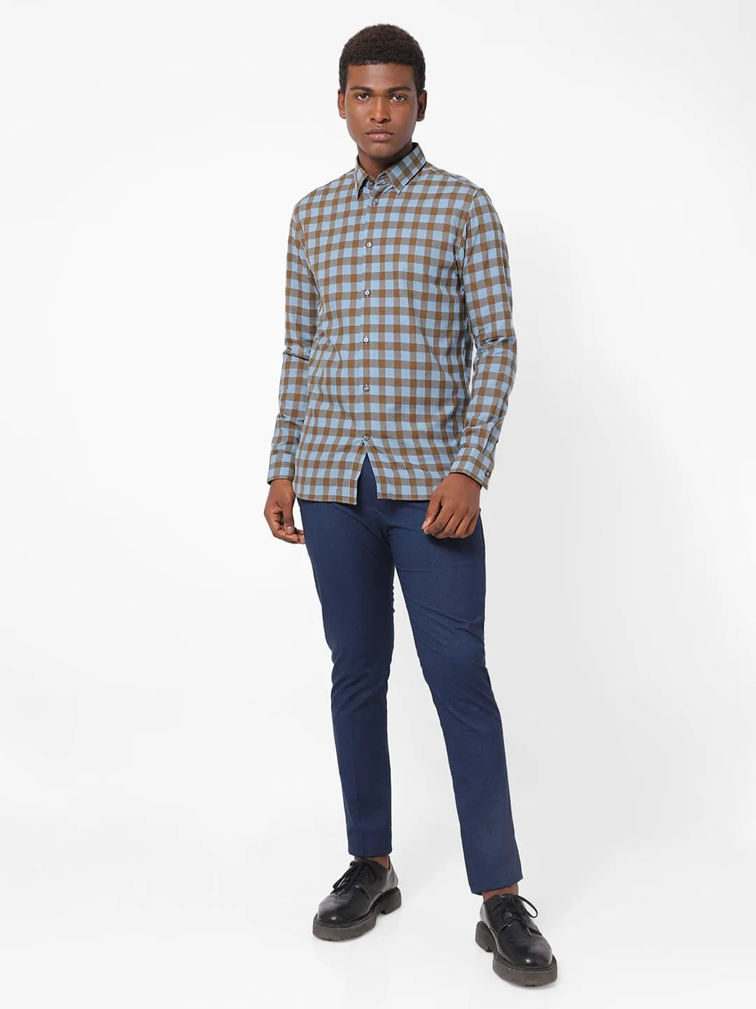 Men's Brown And Sky Blue Checkered Shirt