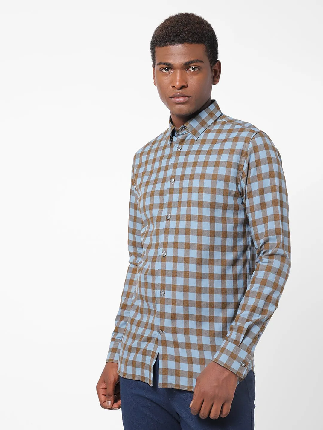 Men's Brown And Sky Blue Checkered Shirt