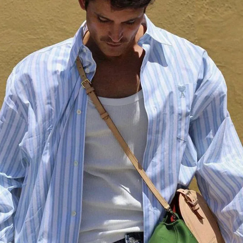 Men's Casual Loose Vertical Striped Short and Medium Shirt 82241631U