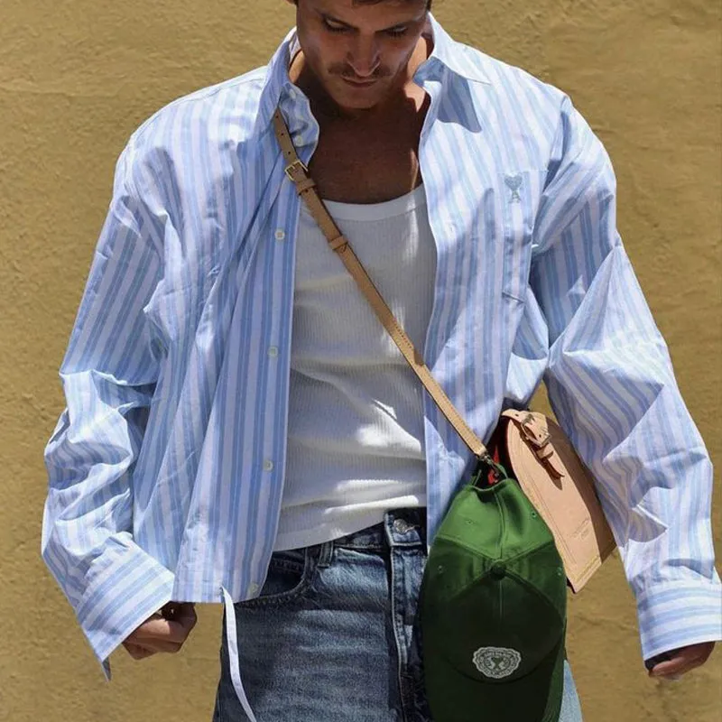 Men's Casual Loose Vertical Striped Short and Medium Shirt 82241631U