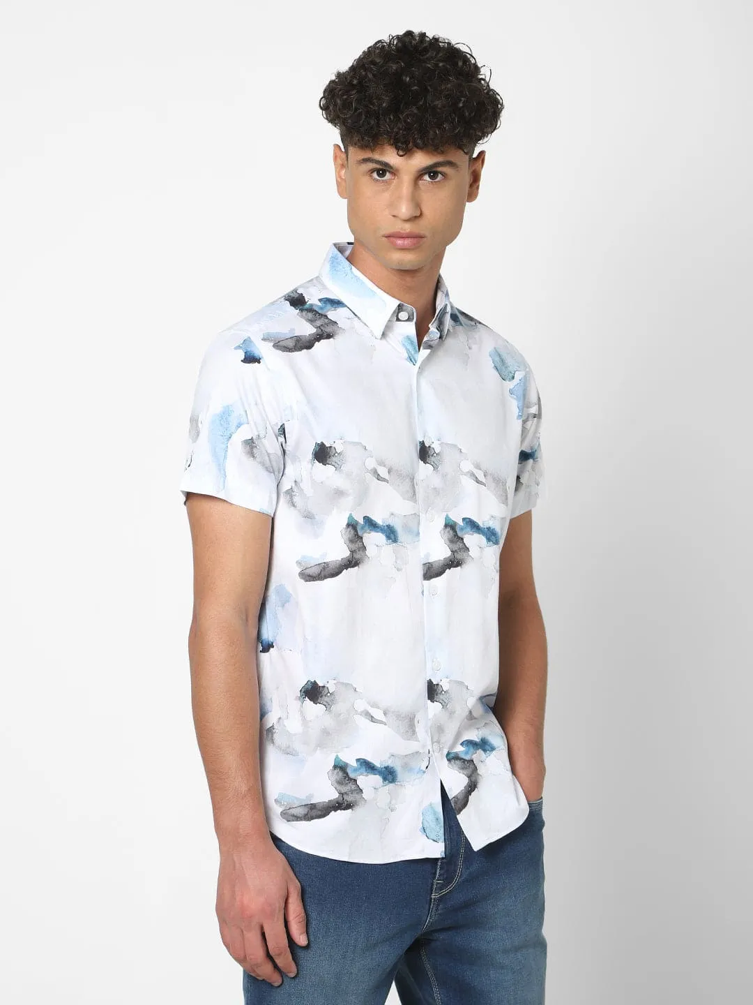 Men's Sky Blue Printed Short Sleeve Shirt