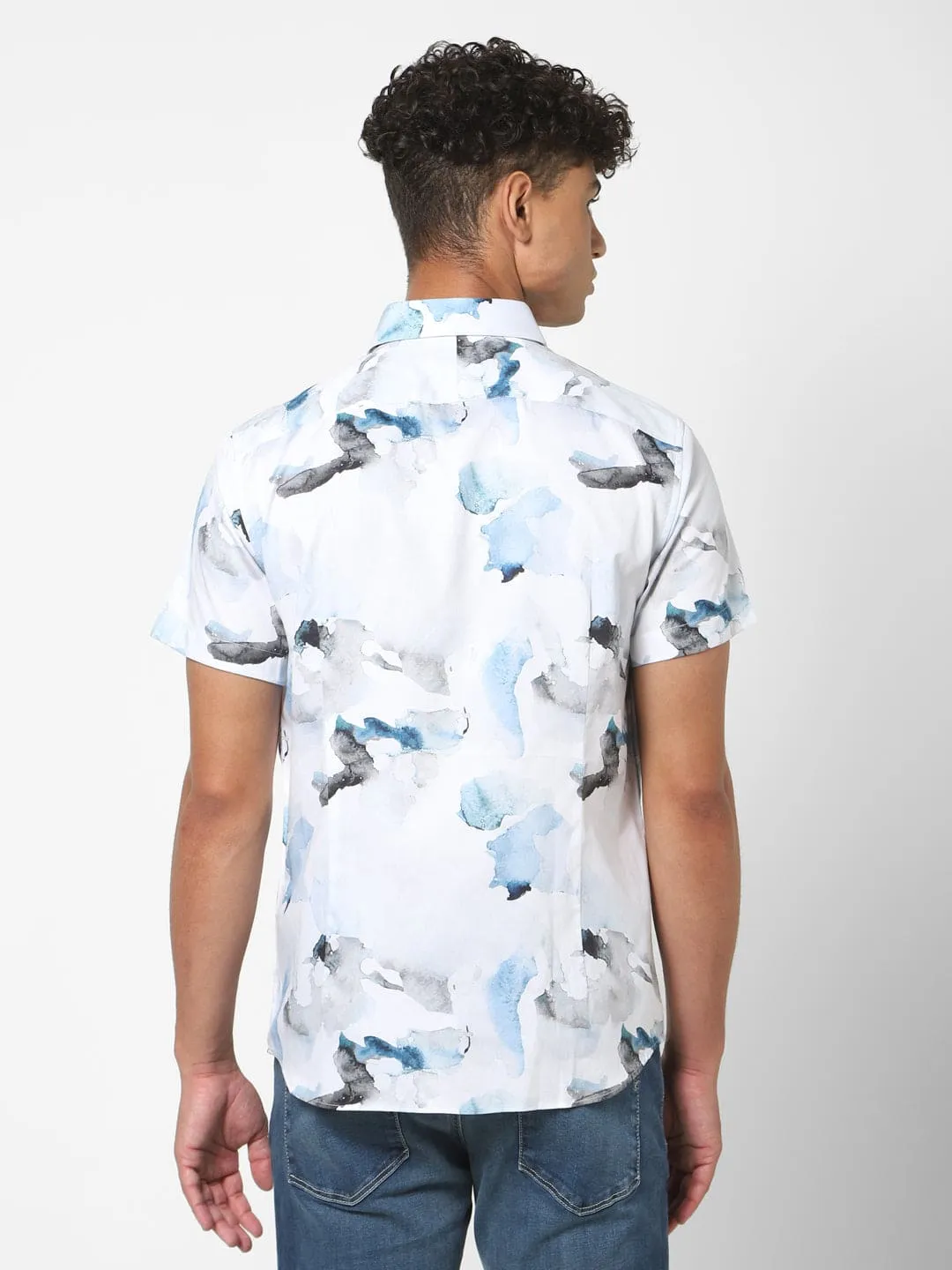 Men's Sky Blue Printed Short Sleeve Shirt