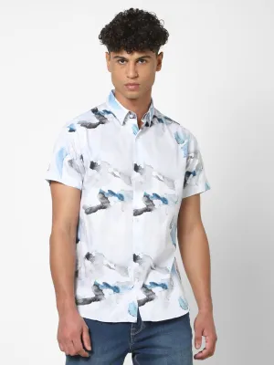 Men's Sky Blue Printed Short Sleeve Shirt