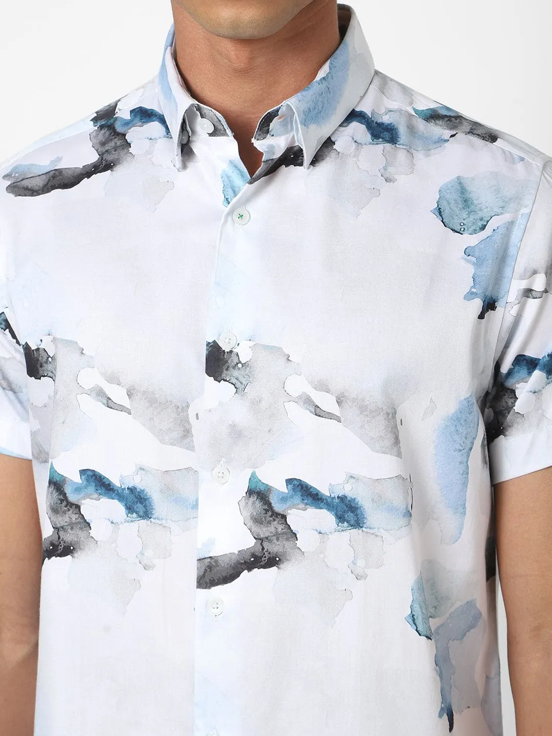 Men's Sky Blue Printed Short Sleeve Shirt