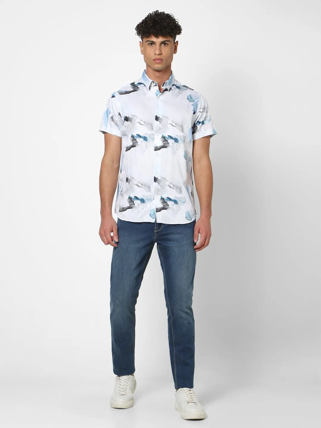 Men's Sky Blue Printed Short Sleeve Shirt