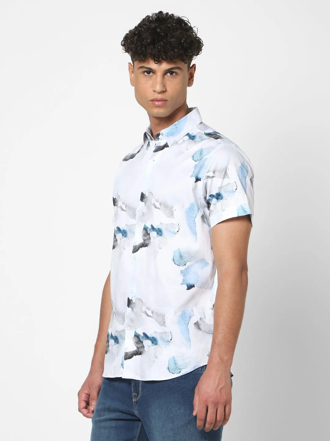 Men's Sky Blue Printed Short Sleeve Shirt