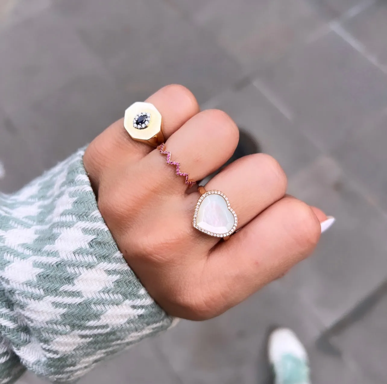 Mother of Pearl Heart Diamond Halo Ring