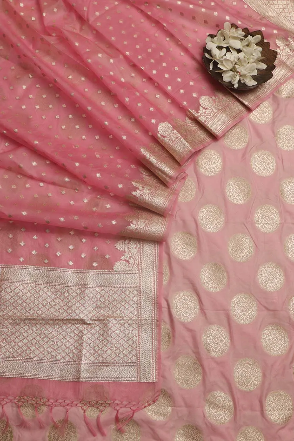 Pink Banarasi Silk Suit With Pink Banarasi Organza Dupatta