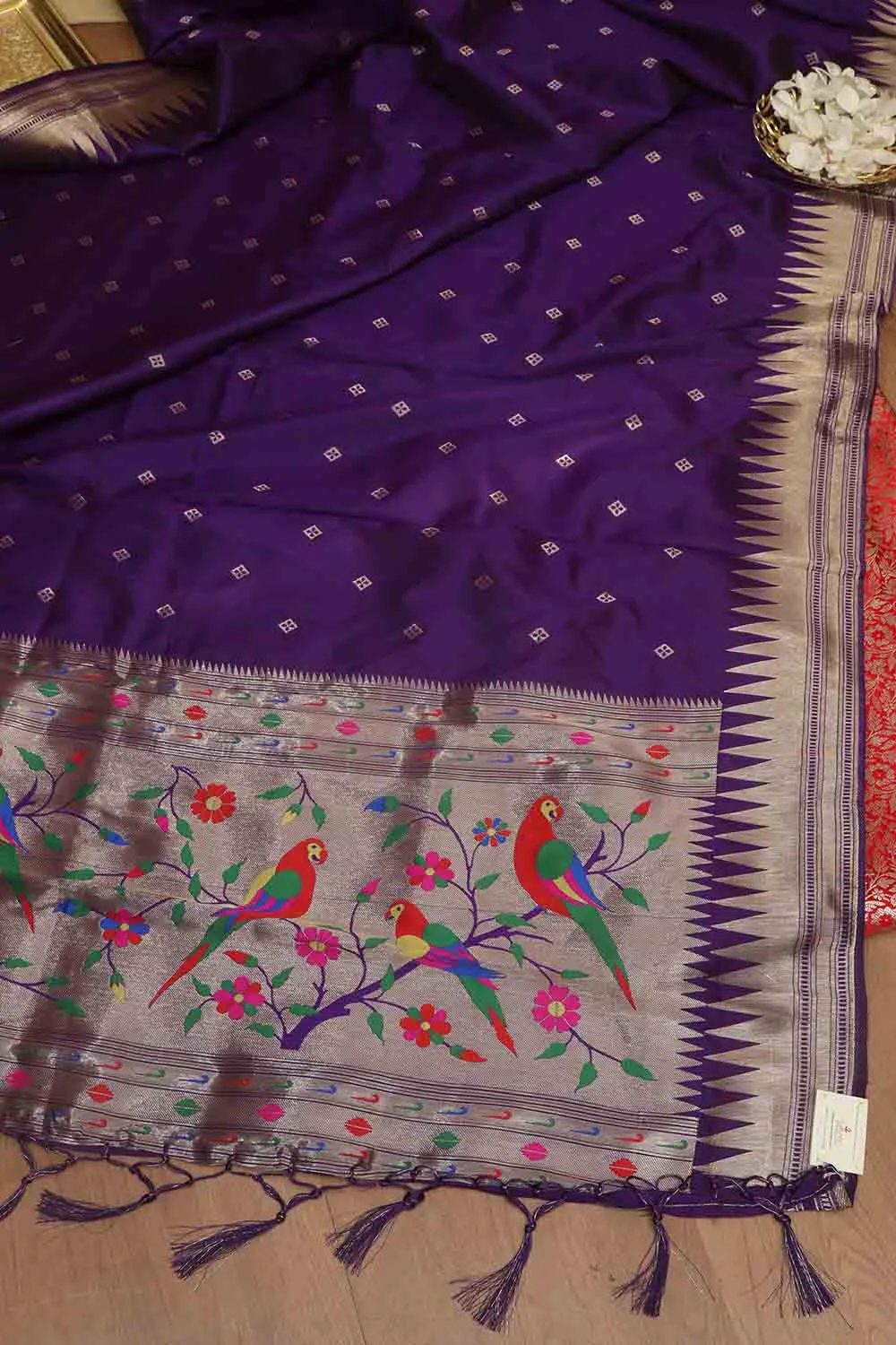 Red Banarasi Silk Satin Zari Brocade Suit With Purple Paithani Silk Dupatta with Parrot and Floral Design