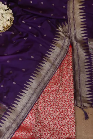 Red Banarasi Silk Satin Zari Brocade Suit With Purple Paithani Silk Dupatta with Parrot and Floral Design