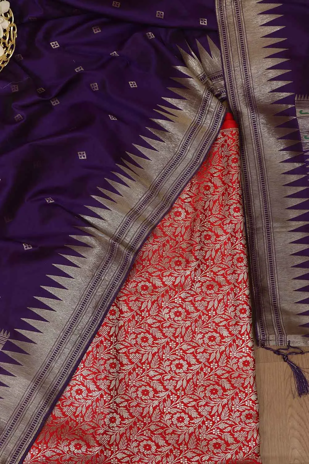 Red Banarasi Silk Satin Zari Brocade Suit With Purple Paithani Silk Dupatta with Parrot and Floral Design