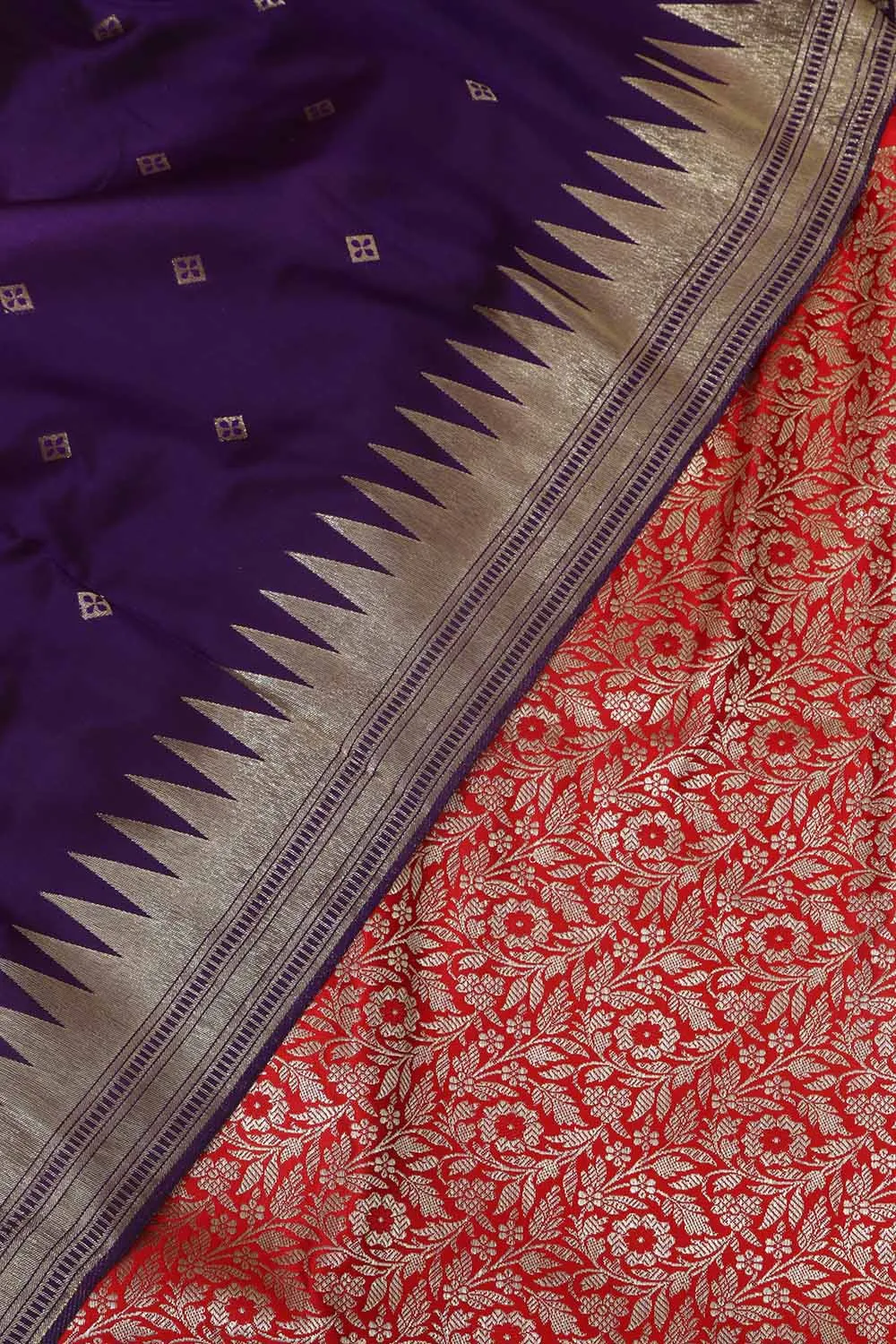 Red Banarasi Silk Satin Zari Brocade Suit With Purple Paithani Silk Dupatta with Parrot and Floral Design