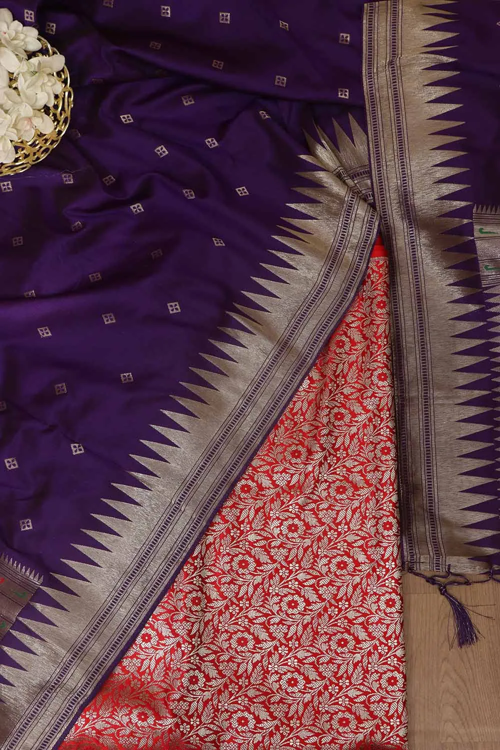 Red Banarasi Silk Satin Zari Brocade Suit With Purple Paithani Silk Dupatta with Parrot and Floral Design