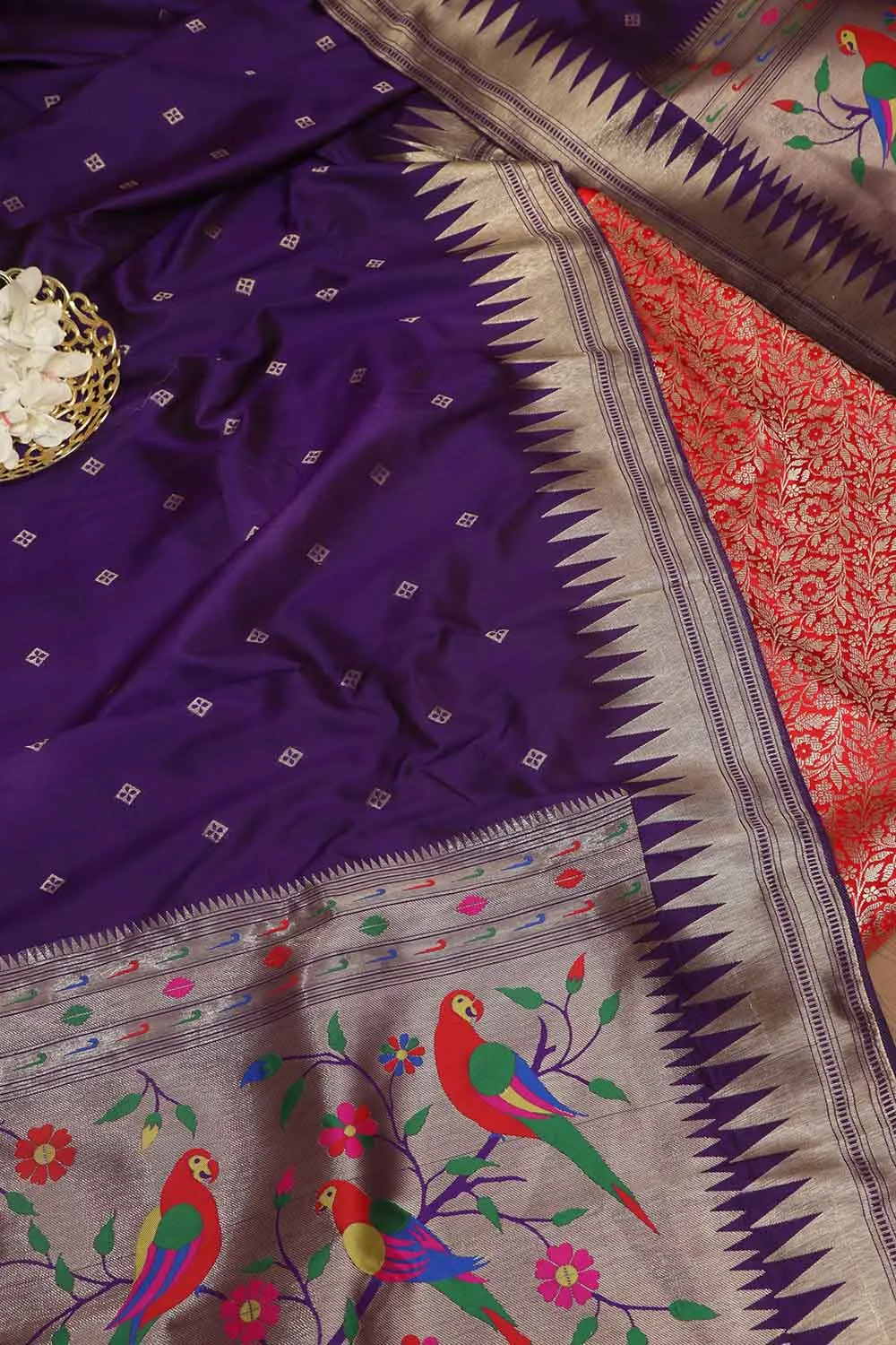 Red Banarasi Silk Satin Zari Brocade Suit With Purple Paithani Silk Dupatta with Parrot and Floral Design