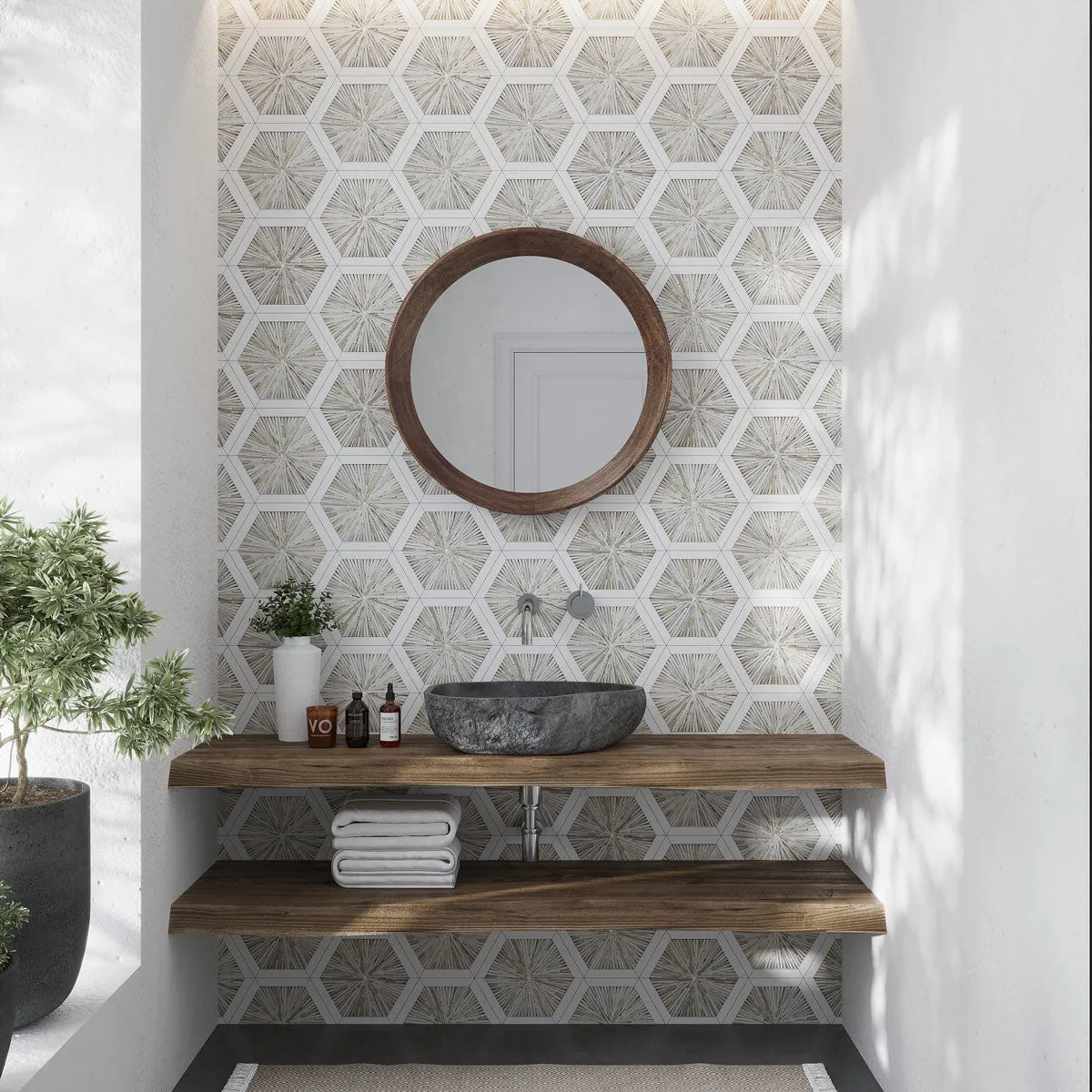 Santorini Beige Spoke Hexagon Marble Mosaic Tile