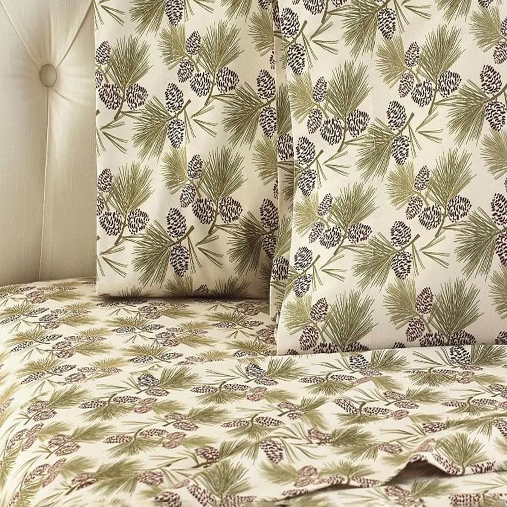 Shavel Micro Flannel Quality Printed Sheet Set - Twin Flat/Fitted Sheet 66x96/75x39x14" Pillowcase 21x32" - Pinecones.